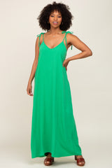 Green Linen V-Neck Tie Strap Maternity Maxi Dress