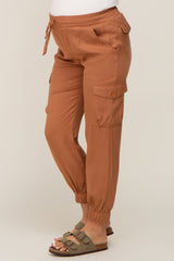 Camel Drawstring Cargo Maternity Pants