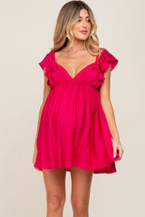 Fuchsia Linen Ruffle Accent Maternity Babydoll Dress