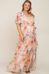 Peach Floral Chiffon Wrap Front Short Sleeve Maternity Plus Maxi Dress