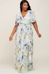 Mint Green Floral Chiffon Wrap Front Short Sleeve Plus Maxi Dress