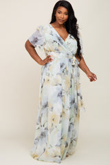 Mint Green Floral Chiffon Wrap Front Short Sleeve Plus Maxi Dress