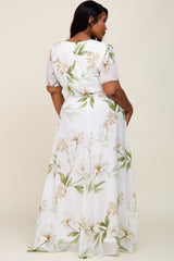 White Floral Chiffon Wrap Front Short Sleeve Plus Maxi Dress