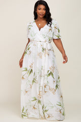 White Floral Chiffon Wrap Front Short Sleeve Plus Maxi Dress