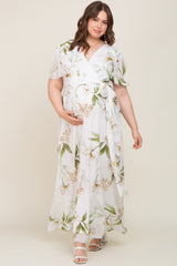 White Floral Chiffon Wrap Front Short Sleeve Maternity Plus Maxi Dress