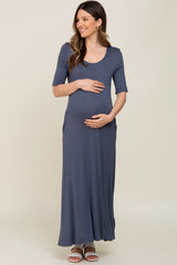 Navy Scoop Neck Maternity Maxi Dress