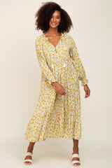 Yellow Floral Front Tie Long Sleeve Tiered Midi Dress