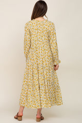 Yellow Floral Front Tie Long Sleeve Tiered Maternity Midi Dress