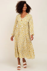 Yellow Floral Front Tie Long Sleeve Tiered Midi Dress