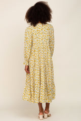 Yellow Floral Front Tie Long Sleeve Tiered Midi Dress