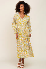 Yellow Floral Front Tie Long Sleeve Tiered Midi Dress