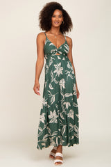 Forest Green Floral Front Twist Maxi Dress