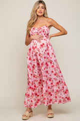 Pink Floral Lace-Up Front Smocked Maternity Maxi Dress