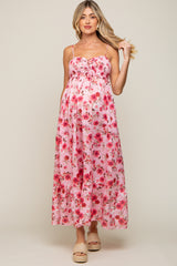 Pink Floral Lace-Up Front Smocked Maternity Maxi Dress