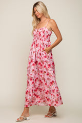 Pink Floral Lace-Up Front Smocked Maxi Dress