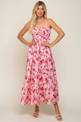 Pink Floral Lace-Up Front Smocked Maxi Dress