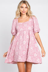 Pink Floral Textured Square Neck Maternity Babydoll Dress