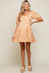 Peach Satin Floral Textured Square Neck Maternity Babydoll Dress