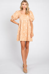 Peach Satin Floral Textured Square Neck Babydoll Dress