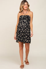 Black Floral Halter Front Cinch Maternity Dress