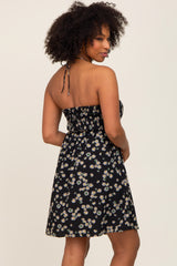 Black Floral Halter Front Cinch Dress