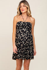 Black Floral Halter Front Cinch Maternity Dress