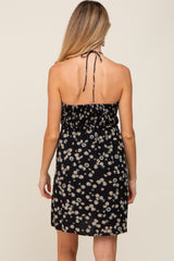 Black Floral Halter Front Cinch Maternity Dress