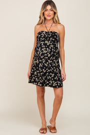 Black Floral Halter Front Cinch Maternity Dress