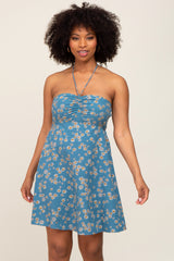 Blue Floral Halter Front Cinch Maternity Dress