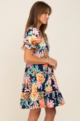 Navy Blue Floral Square Ruffle Neck Tiered Short Sleeve Dress