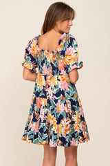 Navy Blue Floral Square Ruffle Neck Tiered Short Sleeve Dress