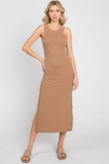 Mocha Ribbed Cutout Shoulder Side Slit Midi Dress