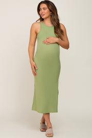 Green Ribbed Cutout Shoulder Side Slit Maternity Midi Dress