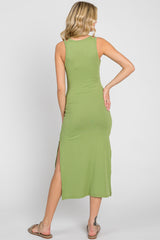 Green Ribbed Cutout Shoulder Side Slit Midi Dress