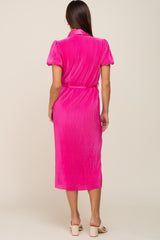 Fuchsia Pleated Button-Down Collared Maternity Midi Dress