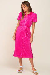 Fuchsia Pleated Button-Down Collared Maternity Midi Dress