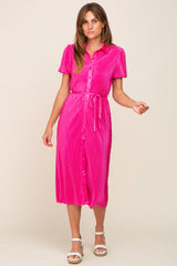 Fuchsia Pleated Button-Down Collared Midi Dress