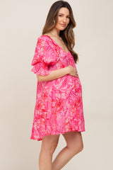 Fuchsia Printed Puff Sleeve Maternity Dress