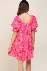 Fuchsia Printed Puff Sleeve Maternity Dress