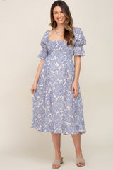 Blue Paisley Print Smocked Maternity Dress