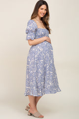 Blue Paisley Print Smocked Maternity Dress