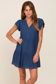 Navy Blue Ruffle Sleeve Tiered Dress