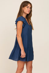 Navy Blue Ruffle Sleeve Tiered Dress