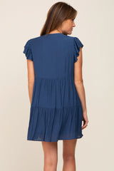 Navy Blue Ruffle Sleeve Tiered Dress