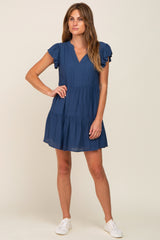 Navy Blue Ruffle Sleeve Tiered Dress