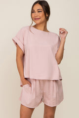 Light Pink  Short Cuffed Sleeve Top and Short Maternity Set