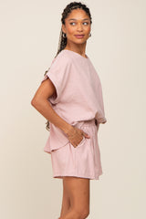 Light Pink  Short Cuffed Sleeve Top and Short Set