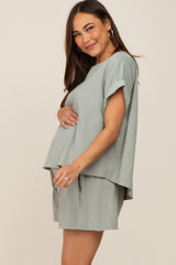 Light Olive Short Cuffed Sleeve Top and Short Maternity Set