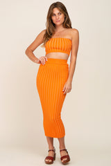 Orange Ribbed Strapless Two Piece Skirt Set