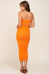 Orange Ribbed Strapless Two Piece Skirt Set